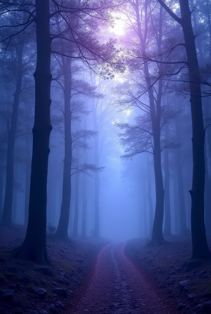 Blue forest background, which is all in purple soft tones, slightly dark. (excellent quality) (best quality) (realism)