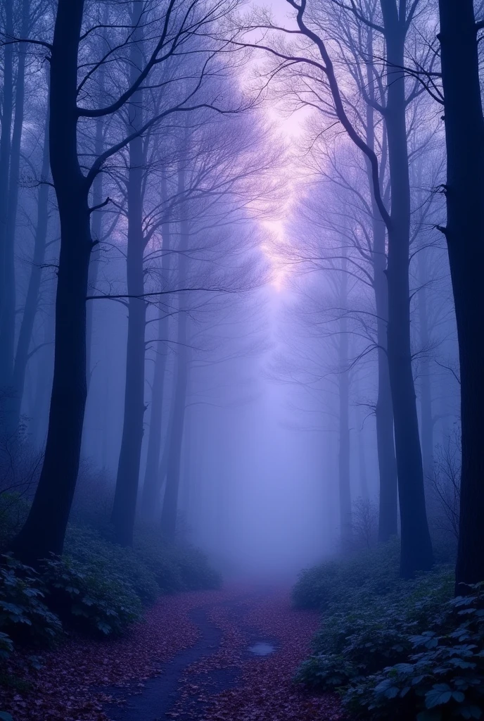 Blue forest background, which is all in purple soft tones, slightly dark. (excellent quality) (best quality) (realism)