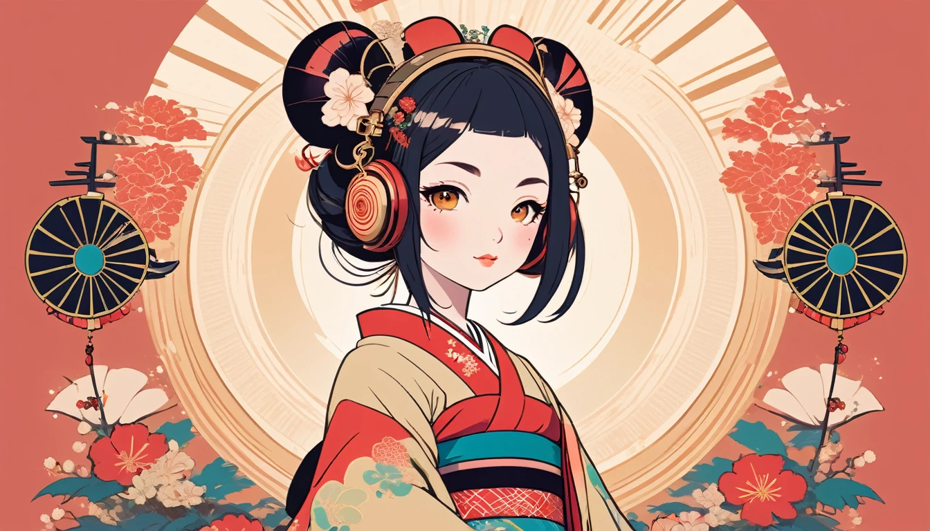 Oiran with Japanese style headphones、fan、Wide-angle lens, Lofi Anime, Lofi illustration, Aesthetic atmosphere, Lo-Fi Style, Vector art, Flat Design, Simple shape, Warm tones, Pleasant atmosphere, Chill, In anime style, Digital drawing, Vector art, Vector logo for t-shirt printing, (Adorable:1.5), (small:1.4), (Playful:1.2), (soft:1.3), (Whimsical:1.1), masterpiece, Highest quality, 8k, Intricate details, grow, Celestial, Mysterious, Picturesque, amazing, Majestic, Magic, Fantasy art, Cover art, dream-like