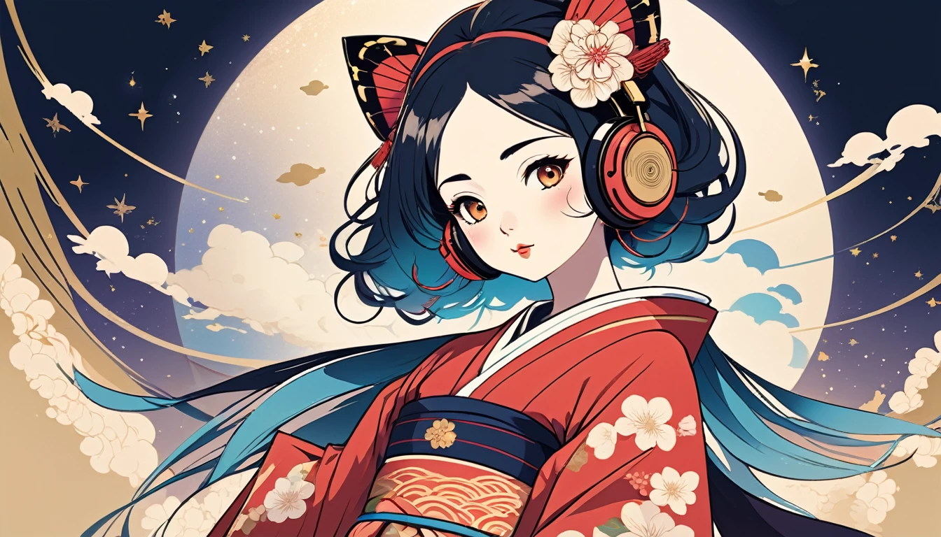 Oiran with Japanese style headphones、fan、Wide-angle lens, Lofi Anime, Lofi illustration, Aesthetic atmosphere, Lo-Fi Style, Vector art, Flat Design, Simple shape, Warm tones, Pleasant atmosphere, Chill, In anime style, Digital drawing, Vector art, Vector logo for t-shirt printing, (Adorable:1.5), (small:1.4), (Playful:1.2), (soft:1.3), (Whimsical:1.1), masterpiece, Highest quality, 8k, Intricate details, grow, Celestial, Mysterious, Picturesque, amazing, Majestic, Magic, Fantasy art, Cover art, dream-like