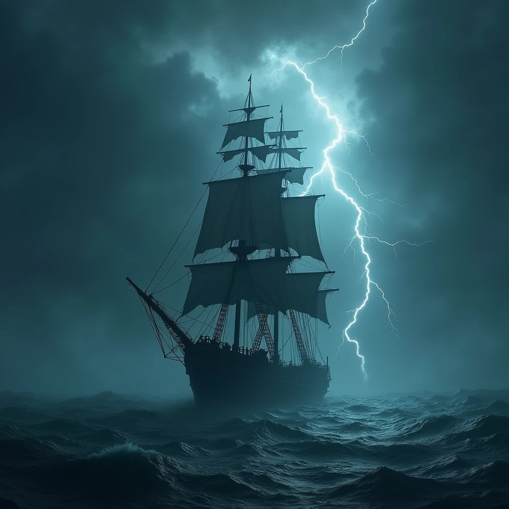 A ghost boat drifting in the middle of the Atlantic Ocean at night, 18th century, threatening skies, thunders, foggy wheather 