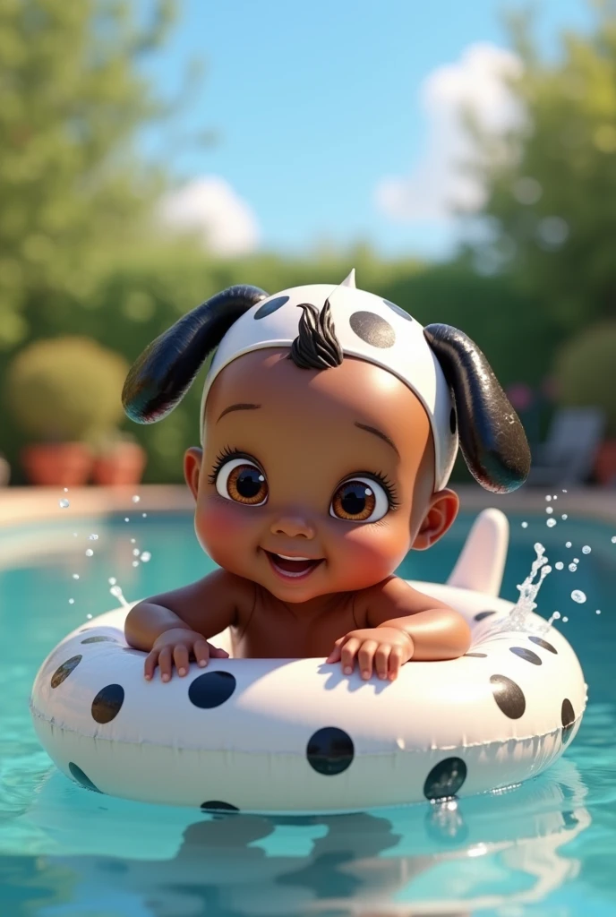 Pixar style image of an 8-month-old dark-skinned baby in a pool inside an inflatable Dalmatian puppy