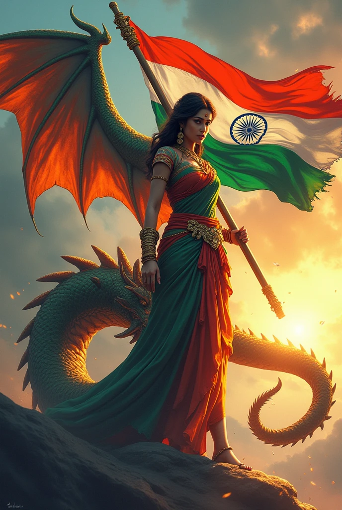 Prompt “Illustration with an Indian flag in hand. A ferocious dragon protecting the text "Shailja" and she has Indian tricolor wings. ‘Create a 3D illusion profile picture in 4K.”