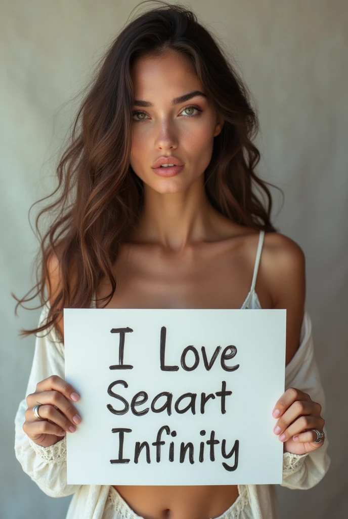 Beautiful girl with wavy long hair, bohemian dress, holding a white board with text "I Love Seaart Infinity" and showing it to the viewer, nude, pink nipple