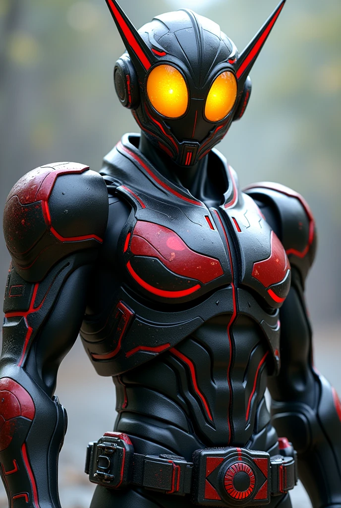 Kamen Rider Faiz 555 Transforms with a cell phone Black body with red lines Silver on chest and other parts Has yellow eyes Overall body armor is rounded Based on the Greek letter Φ and face is also round overall A cell phone is attached to the belt Eyes are yellow and shaped like the letter φ Eyes are round with red lines around the edges that are integrated with the antennae There is a large circle on the face, and the eyes are halved