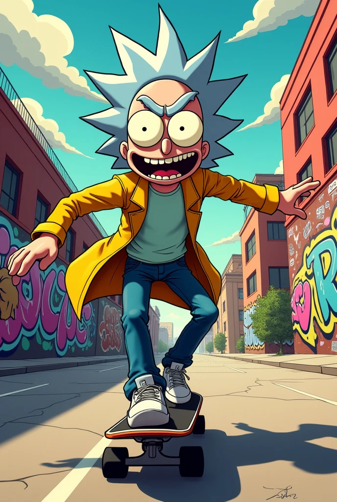 Rick sasnchez skateboarding with a happy expression in neotraditional style in an urban landscape with graffiti