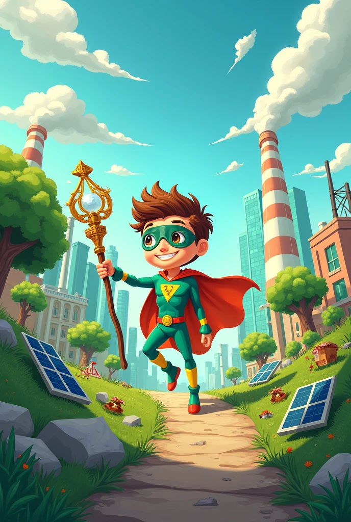 Ecological superhero that generates changes show several scenes as a cartoon type with vignettes as telling a story in which you can see him converting garbage into trees and green surroundings changing factories for solar panels with a stick and thus make several scenes like five