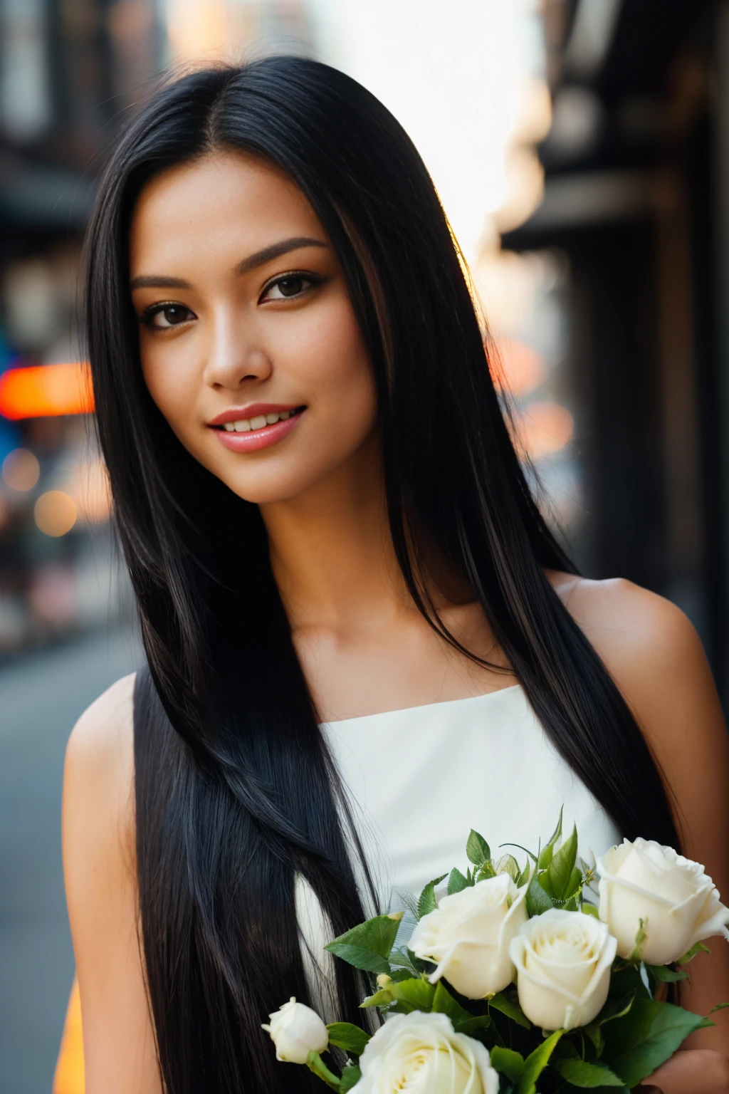 photo of female in city in RAW UHD format (Brown-eyed woman) long (black hair:1.3) Details (textures! , , imperfections: 1.1), DSLR Lighting, SLR camera, Ultra-Quality, sharpness, Crystal clear, sharp-focus, (sharp background:1.5), sunshine , neon lighting, (lit), day time, detailed skin pores, oilly skin, suntan, high riser background, sharp, focused. razor-sharp, composition, light and shadow, perfect proportions, detailed face, smiling, beautiful face,  holding beautiful flower bouquet, beautiful white wedding dress, flowers
