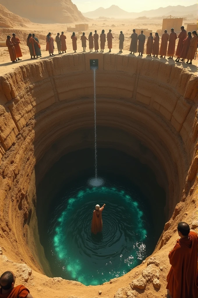 A young man, Joseph of Egypt, in biblical times, inside a deep well with, people on the edge of the well, well without water the boy is pushed inside 