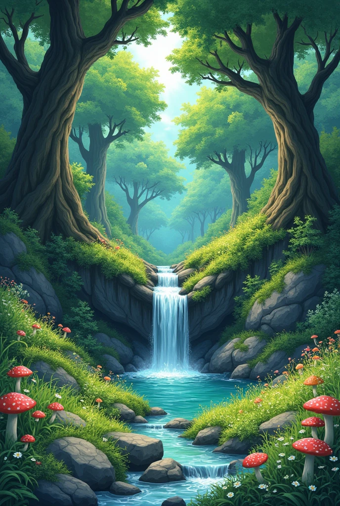 Manga artwork set in a circular plot of land with a small waterfall in an old forest with rocks and trees and rotten oak trees with moss, mushrooms, flowers and grass growing.