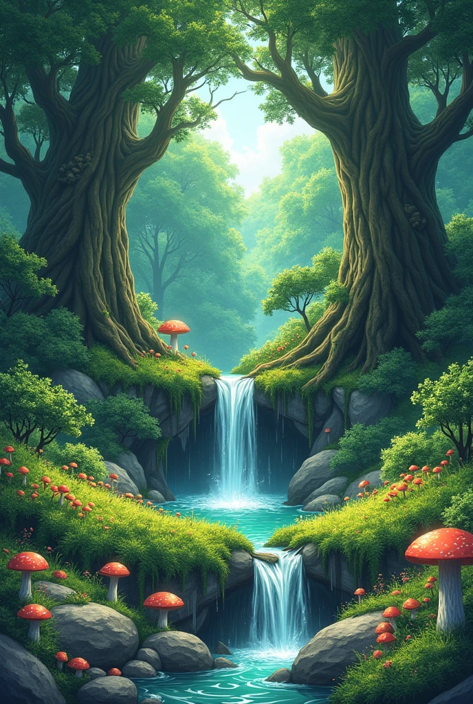 Manga artwork set in a circular plot of land with a small waterfall in an old forest with rocks and trees and rotten oak trees with moss, mushrooms, flowers and grass growing.