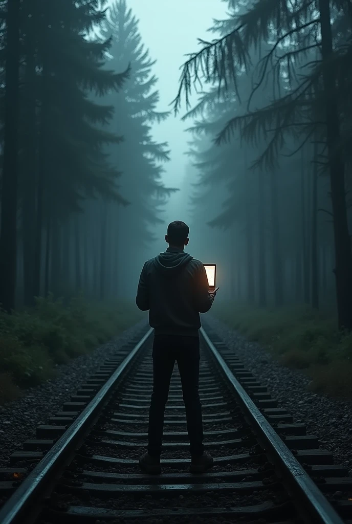 A man with his back turned with a computer in the middle of a gloomy train line in a forest
