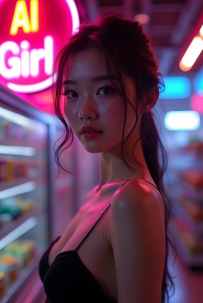 Hyper-realistic, a beautiful young thai korean woman, 20 years old, ((full body shot)), no-bra, porcelain white skin, standing in a supermarket, neon light graphic "AI Girl" on the wall in the background, cinematic lighting, photorealistic, intricate details, elegant facial features, long eyelashes, defined jawline, beautiful lips, high resolution, 8k, hyperrealistic, masterpiece, (best quality,4k,8k,highres,masterpiece:1.2),ultra-detailed,(realistic,photorealistic,photo-realistic:1.37),HDR,UHD,studio lighting,ultra-fine painting,sharp focus,physically-based rendering,extreme detail description,professional,vivid colors,bokeh,concept art
