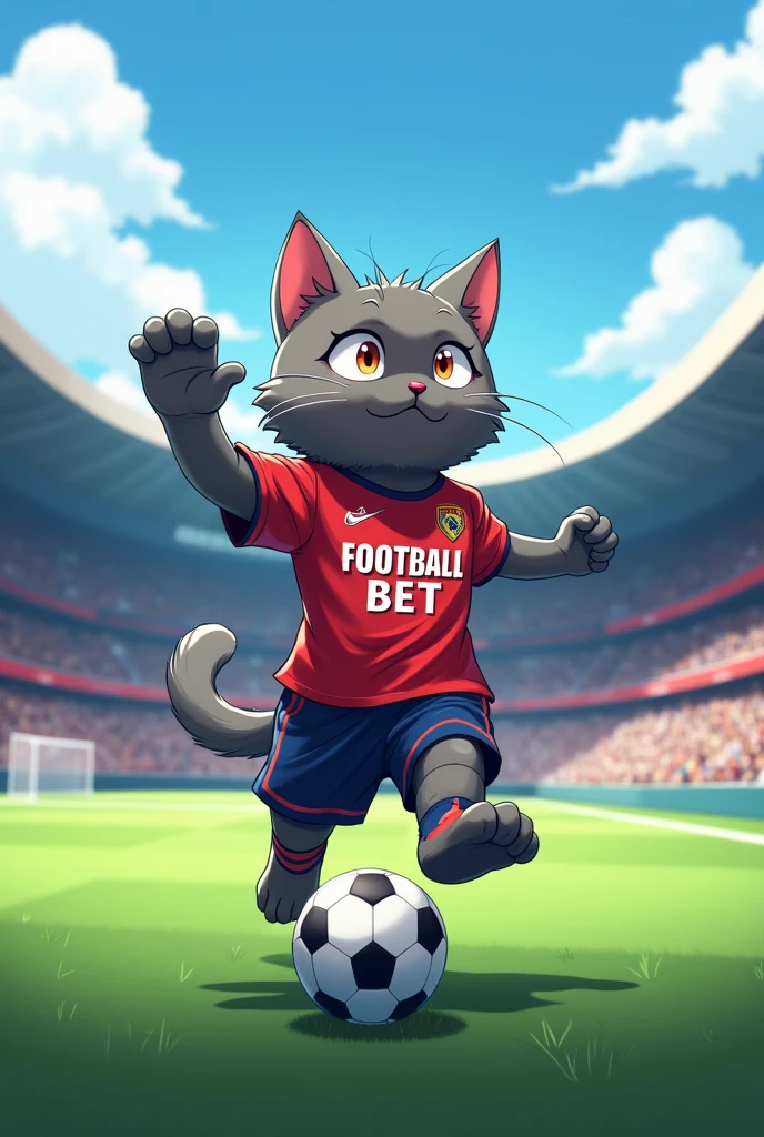 Anime of a gray cat soccer player waving to the stands and on his shirt says FOOTBALL BET