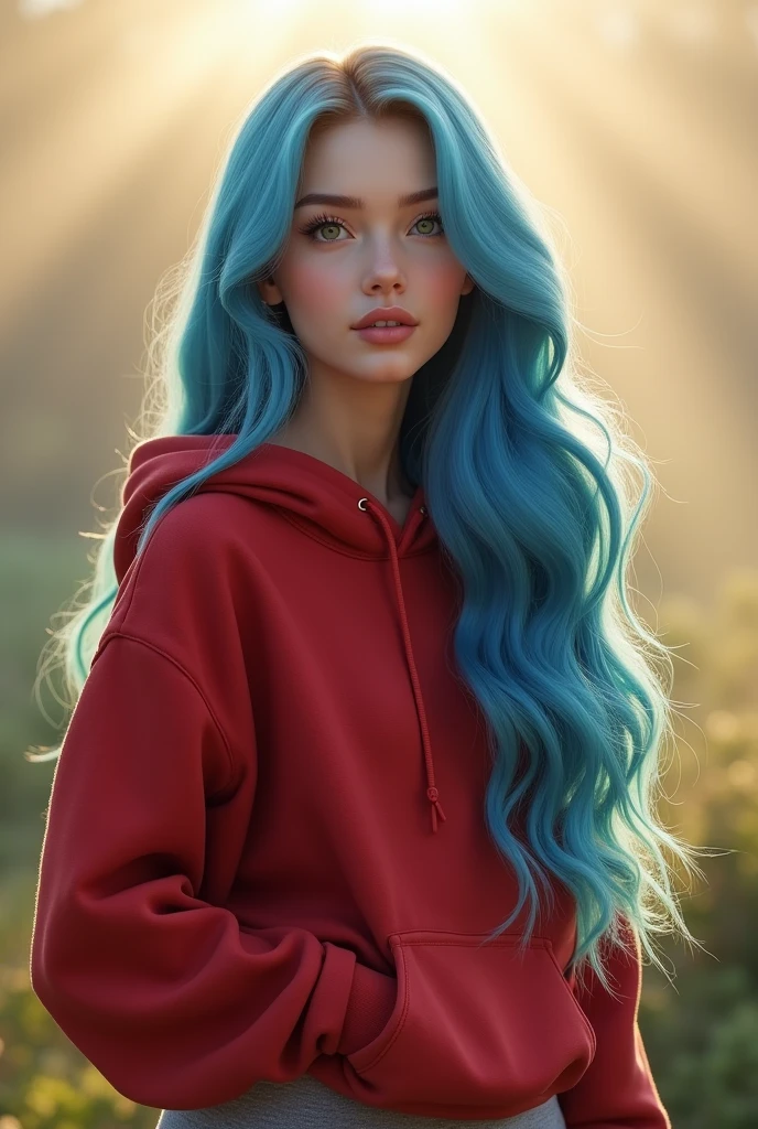 20 years old young girl with blue and white hair , long flowing blue hair, very long wavy azure blue hair, long blue hair, beautiful woman with blue hair, flowing blue hair, beautiful blue haired girl, pretty girl with blue hair, long azure blue hair, blue long hair, very long blue hair, girl with blue hair, blue hairstyle,, tall, beautiful, athletic figure, medium round breasts , green eyes,(best quality, 4k, 8k, high definition), ultra detail, detailed face and facial features, beautiful detailed eyes, beautiful detailed lips, extremely detailed eyes and face, long eyelashes, graceful triangular face, classic lip shape, small graceful nose, super realistic. The early morning scene features soft sunlight rays and morning fog. She is dressed in a red hoodie and grey leggings. The image should be in ultra high-definition (4k or 8k) with high detail, full body