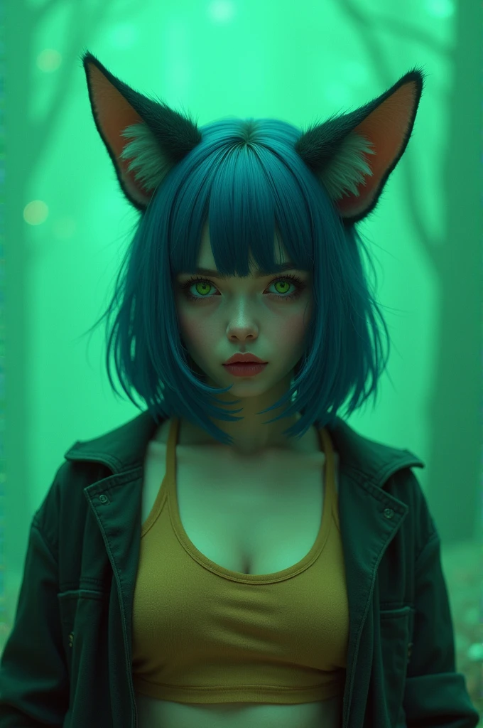 Upper Body,cardigan,Absurd, Green Eyes Background,View your viewers,One person,Medium Hair,Exposing shoulders,alone,Animal ears,Blue Hair,Jacket,Crop top,Off the shoulder,Tilt your head,Cat ear