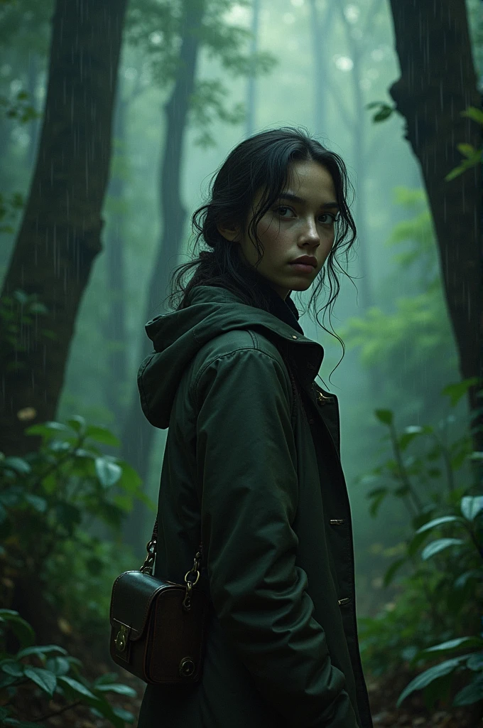 A girl 22 years old, likes mystery and thrill, girl crush but straight, smart, fictional asthetic, dark nature forest lover, curious about everything, fearless, loves rain