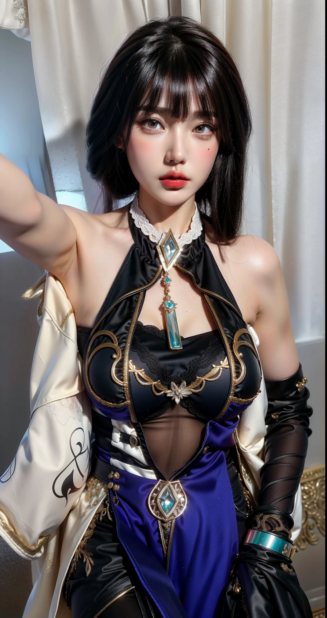Very detailed, Delicate face, Realistic style, Stock Photography , rich and colorful, Surrealism, Realistic textures, Dramatic Lighting, Distiller 800 (8K, original photo, Better quality, masterpiece: 1.2), Very detailed, (Extremely delicate skin: 1.2), 8K Ultra HD, SLR camera, Soft Light, high quality, 冰冻Queen,, snow castle,Blue pupils,Apply red lipstick,Queen,Gorgeous clothing,gem, diamond, Gold Jewelry,Printed lace,Silk dress,breasts symmetrical