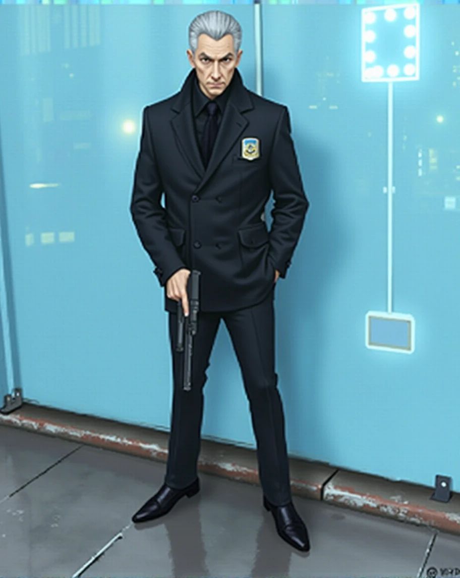 Add city background make mafia with gun in hand kill a police officer