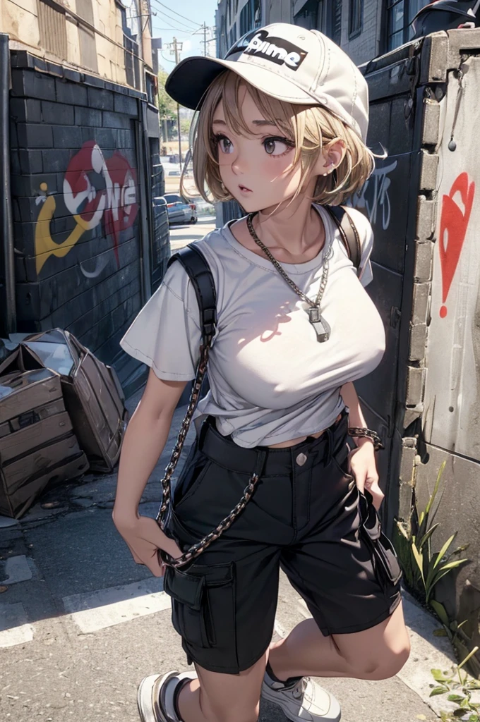 Absurd, Super detailedな,(In 8K:1.3),Masseter muscle area,(masterpiece:1.2)、(Highest quality)、4K、Super detailed、(Movement Structure:1.4)、(Shining Lights、Atmosphere lighting), High resolution, Best Quality、(One person:1.4),Super detailedな,Bright colors、Treebreak Production Art、(Warm color light source:1.2),High-level image quality、Fine image quality、Intricate details,Volumetric Lighting,Realism BREAK、Profile、 Idol face、、Very beautiful face and eyes, Beautiful images、natural make up、 big eyes,、 (full-body shot:1.3)、 (breast grab)、 (Big Tits:1.2)、(curvy body)、(glossy skin :1.5)、(Baby Face:1.5)、 (graffiti:1.5)、 (blonde hair,short hair:1.2)、(black、Plain、oversized t-shirt:1.5)、(black、Supreme box logo cap:1.5)、(black、Short cargo pants、Wallet Chain:1.5)、(white、Low Cut、sneakers:1.5)