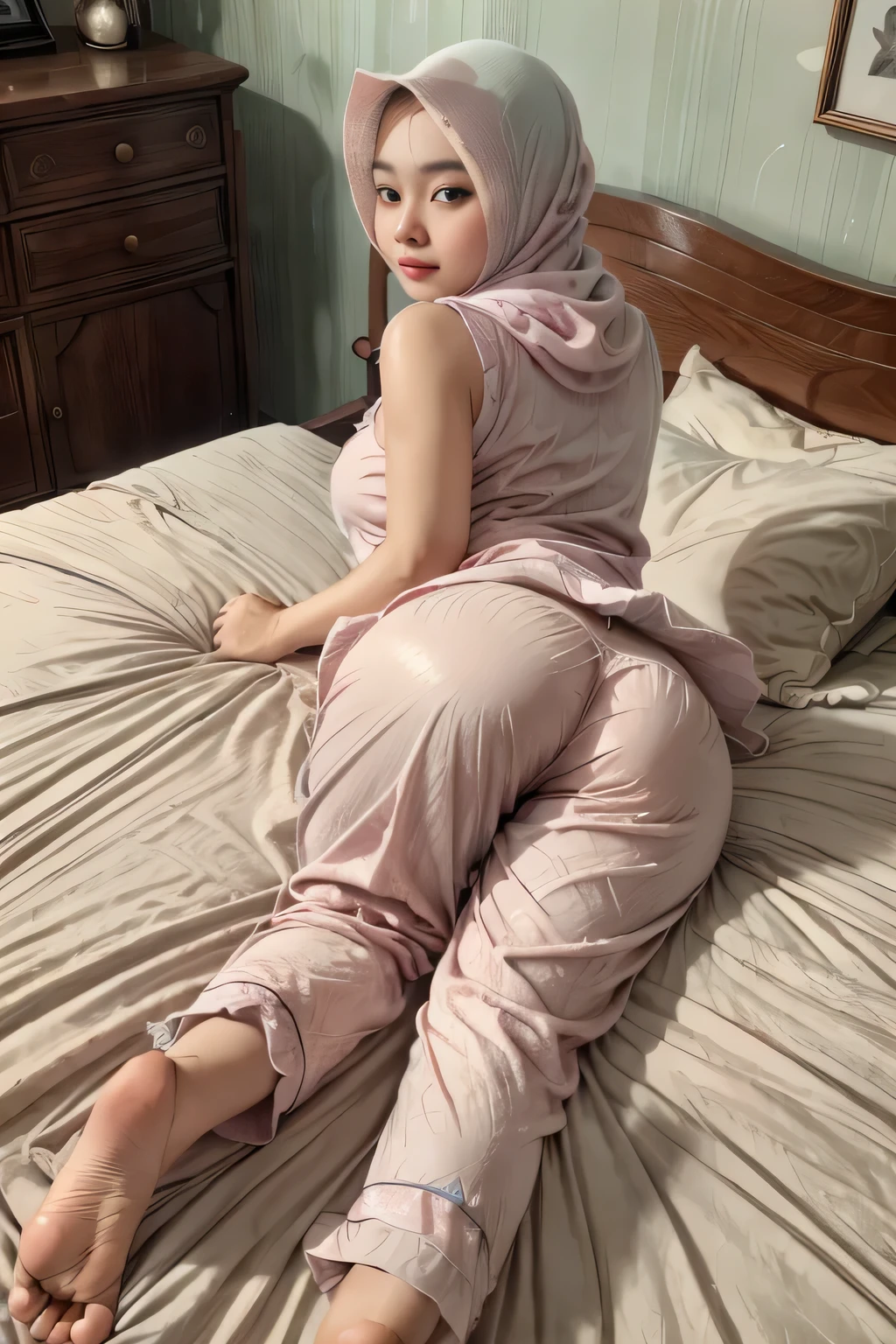 RAW, Best quality, high resolution, work: 1.3), Beautiful Indonesian girl wear hijab, indonesian hijab teen, Highly detailed CG Unity 8k wallpaper, top quality, super detailed, masterpiece, realistic, photorealistic, highly detailed cute girl, 15 years old, full body shot, potrait, bedroom detailed,sweaty skin, blush, parted lips, round eyes , ((erect, emerge, streak)), (( tight thighs, protruding buttock)), (the contour of the legs clearly visible ), cute face detailed, Laying down in white sheets, seductive, erotic, fat arms, ((wearing pastel colored pajama pants with sleeveless long shirt)), erotic, looking seductively, grab your buttocks, soft smile, plump body, slim body shape, body lighting, looking at camera, long shirt, rear view, buttocks facing at camera, the contour of buttocks clearly visible, buttocks showing, buttocks emphasize, buttocks shot, accentuate your buttocks, buttock crease