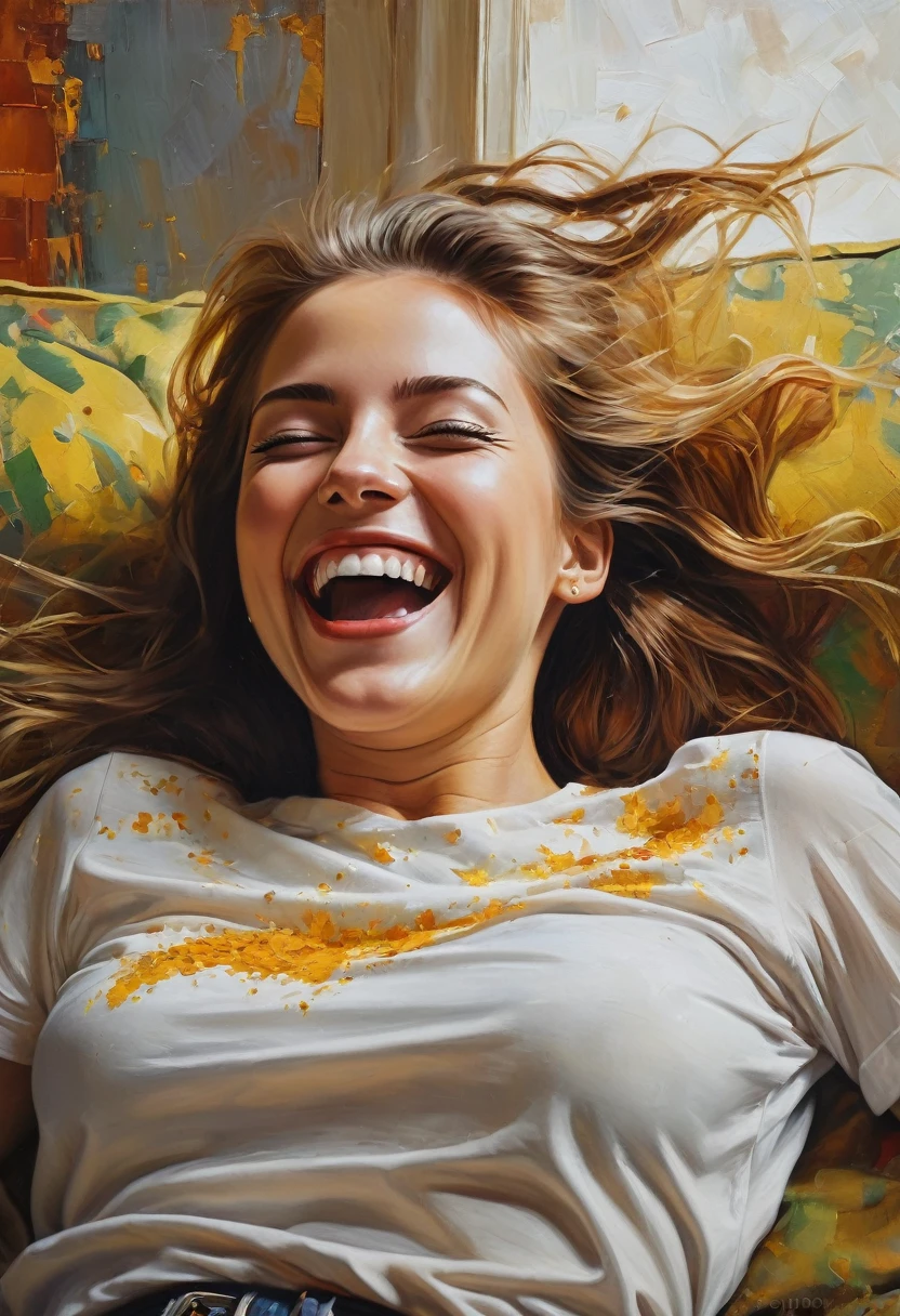 A painting of a woman with laughing, full of joy , eyes opened ((golden ratio}} laying on the sofa after a long night on the town, a sensual painting, a Beautiful expressive painting, Wadim Kashin. Ultra photo realism, Louise Ross, digital painting art, Perceptual digital painting, Stylish digital painting, Bonito painting, glossy digital painting, beautiful digital painting, digital art painting, Fine paintings, ((Rod acrylic paint)).