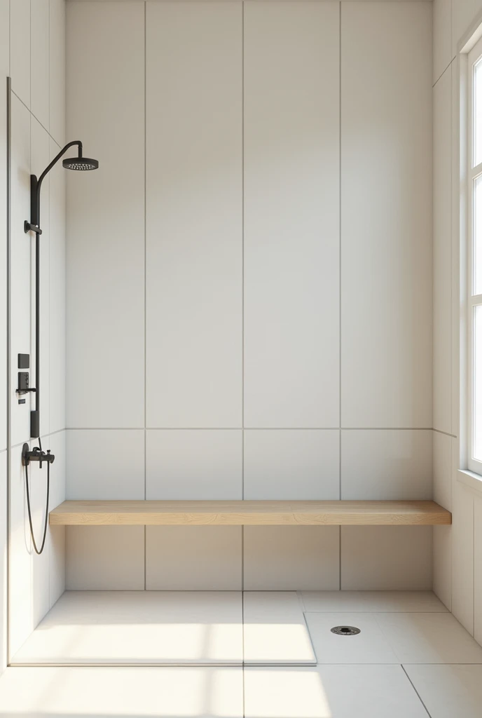 bathroom only part of the shower and an empty shelf without a shower stall