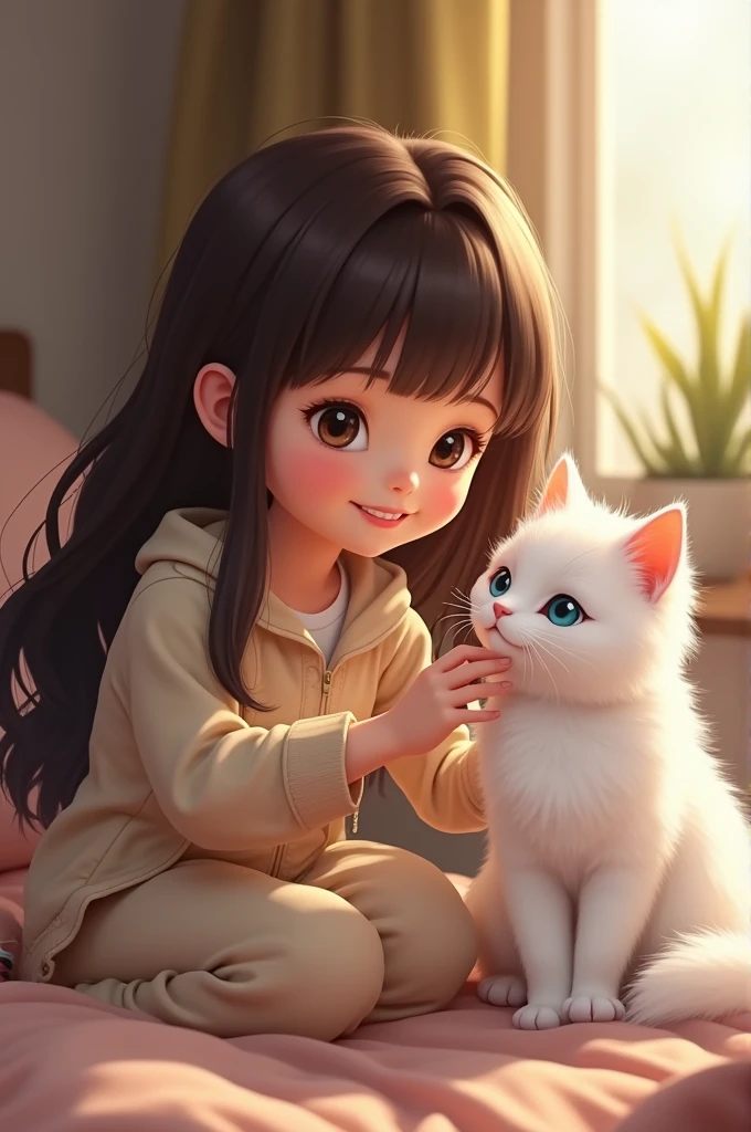 Brunete girl with wite cat