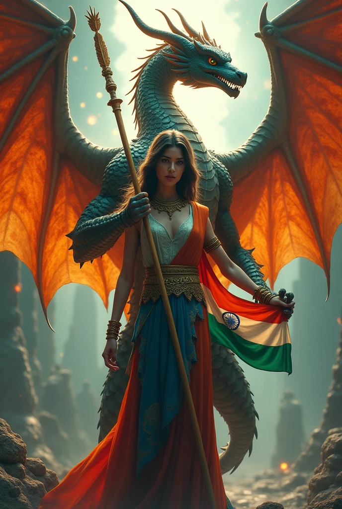 Prompt “Illustration with an Indian flag in hand. A ferocious dragon protecting the text "Shailja" and she has Indian tricolor wings. ‘Create a 3D illusion profile picture in 4K.”