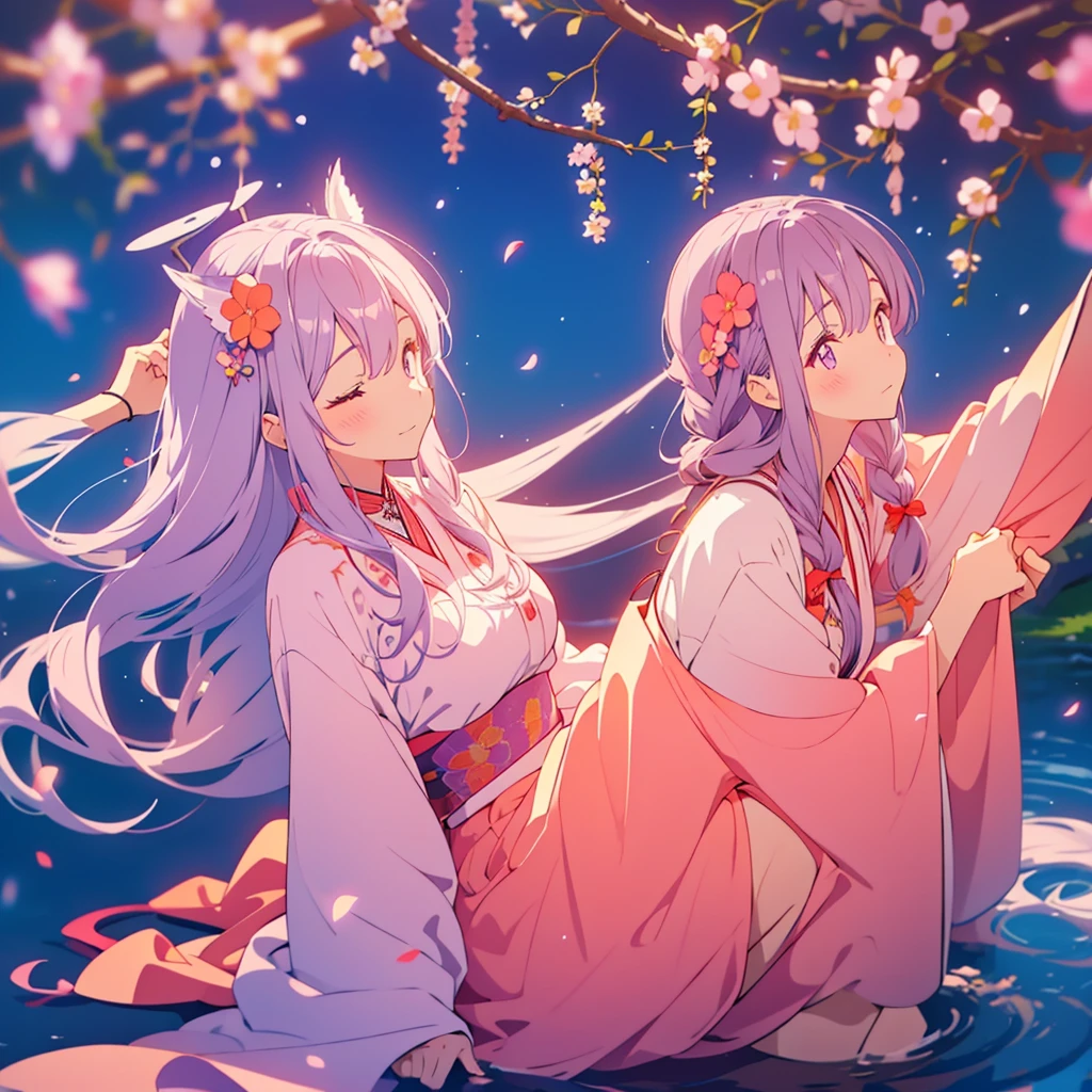 Adult woman with long light purple hair、Peach Blossom、Congratulations、celebration、Man&#39;s smile、Detailed facial expressions,