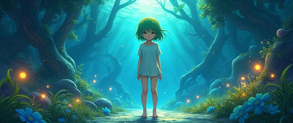 ((work of art,ultra-detailded, details Intricate, best qualityer,illustration)),1 girl, standing alone, high resolution, yellow  eyes, hair green, shorth hair, white top, white short skirt, barefoot, Skinny, detailded, swirly vibrant colors, hight contrast, dynamic lighting, lifelike textures, illustration aesthetic, fuu (Fuu), well lit scenario, forest under the sea, and with bright fireflies