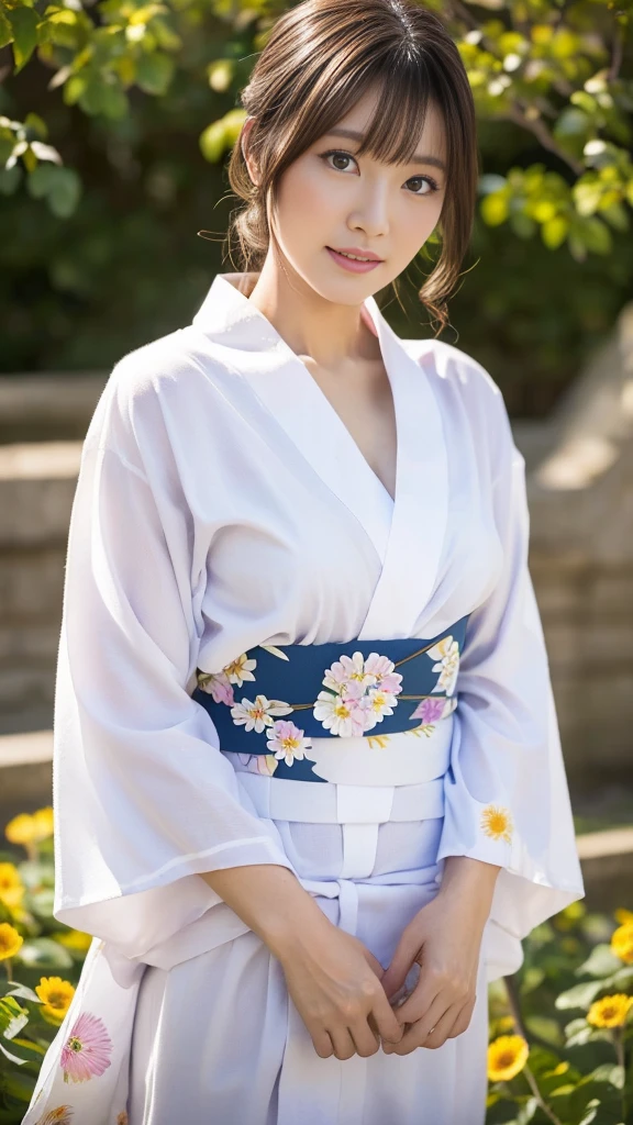 a mature Japanese woman, shy, fat, (wearing white flower pattern common Japanese Yukata without wrinkles:1.25), (with NOT twisted simple obi), portrait, masterpiece, best quality, High resolution, (plum lips), tie dark brown hair, 8k, outside,