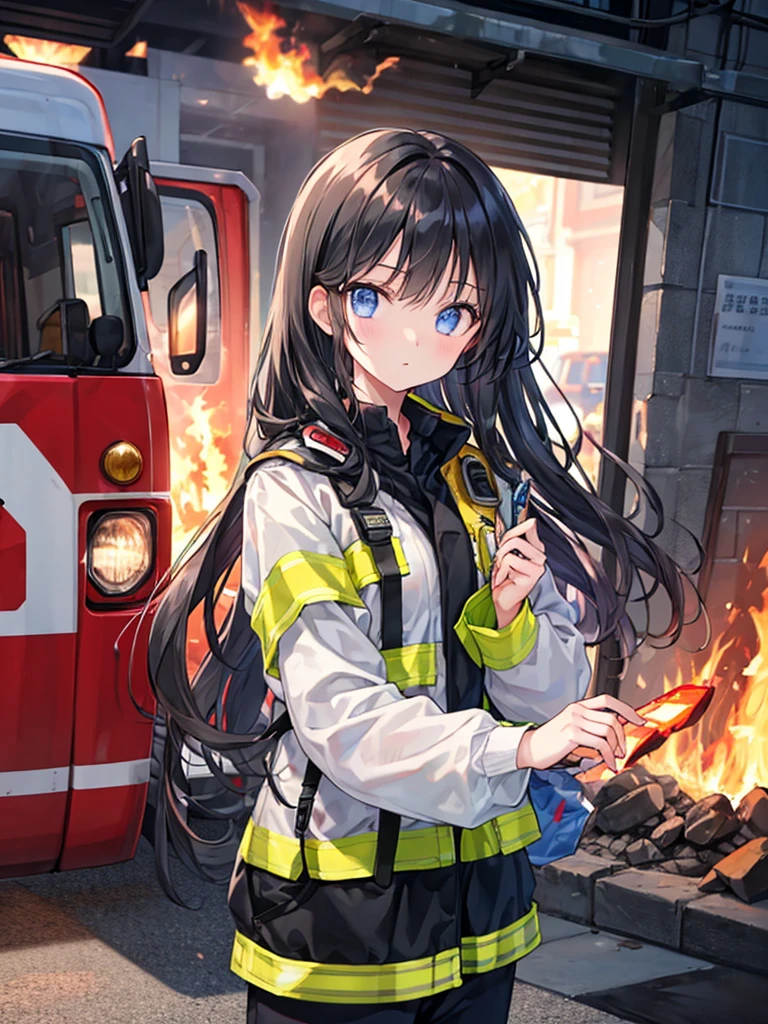 Firefighter、Fire-resistant clothing、The girl has long black hair and kind eyes.、clear