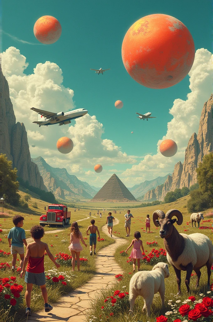 A big landscape with 2 planets red and orange in the background. The sky is cian blue. You see people j7mping and getting off the ground amongst flowers in the dirt, including kids with red roses in their mouths. Also you see wild life around with a man holding ram's horns and white fleece. You see an Egypt pyramid and big fried eggs and firemen in a red truck plus a man with a baby inside his fur coat. He is folled by a group of fugittive people in a spotlight. Above jets at the speed of sound with driving rain, a flaming pie above the backyard pmaying pipes and a tug of war.