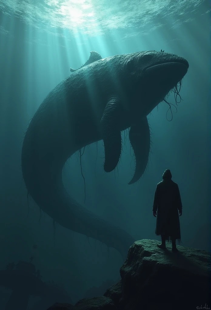 Depict a massive, mysterious sea creature known as the 'Eclipse Leviathan.' The creature is over 100 meters long, and its body is composed of a dark, shadowy substance that seems to absorb light, making it nearly invisible in direct sunlight. Show the Leviathan emerging from the deep ocean, surrounded by darkness even during the day, with only faint glimmers of light reflecting off its nearly invisible form. The creature should have an eerie, undefined shape, resembling a mix between a giant serpent and a whale, with tendrils of shadow trailing from its body. The ocean around it should appear ominous and foreboding, with hints of lost ships and deep-sea creatures visible in the background, adding to the sense of dread,
