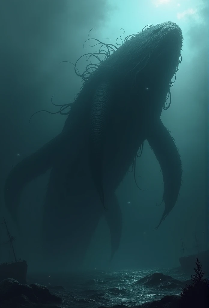 Depict a massive, mysterious sea creature known as the 'Eclipse Leviathan.' The creature is over 100 meters long, and its body is composed of a dark, shadowy substance that seems to absorb light, making it nearly invisible in direct sunlight. Show the Leviathan emerging from the deep ocean, surrounded by darkness even during the day, with only faint glimmers of light reflecting off its nearly invisible form. The creature should have an eerie, undefined shape, resembling a mix between a giant serpent and a whale, with tendrils of shadow trailing from its body. The ocean around it should appear ominous and foreboding, with hints of lost ships and deep-sea creatures visible in the background, adding to the sense of dread,