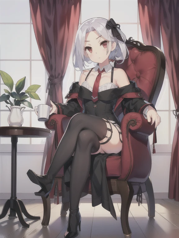 Vittorio_Veneto \(warship girls r\),((masterpiece)),(((best quality))),((ultra-detailed)),((illustration)),((disheveled hair)),((frills)),(1 girl),(solo),1girl, animal, armchair, ass, bangs, bare shoulders, black bow, black dress, black footwear, black legwear, black necktie, boots, bow, breasts, cat, chair, closed mouth, collarbone, crossed legs, cup, curtains, dress, eyebrows visible through hair, full body, hair bow, hair ornament, hair ribbon, head tilt, high heels, holding, holding cup, indoors, jacket, jacket on shoulders, long sleeves, looking at viewer, low ponytail, mole, necktie, off shoulder, office chair, on chair, plant, potted plant, red eyes, ribbon, sidelocks, silver hair, sitting, skindentation, solo, table, teacup, thigh strap, thighhighs, thighs, vase, short hair, window, younger