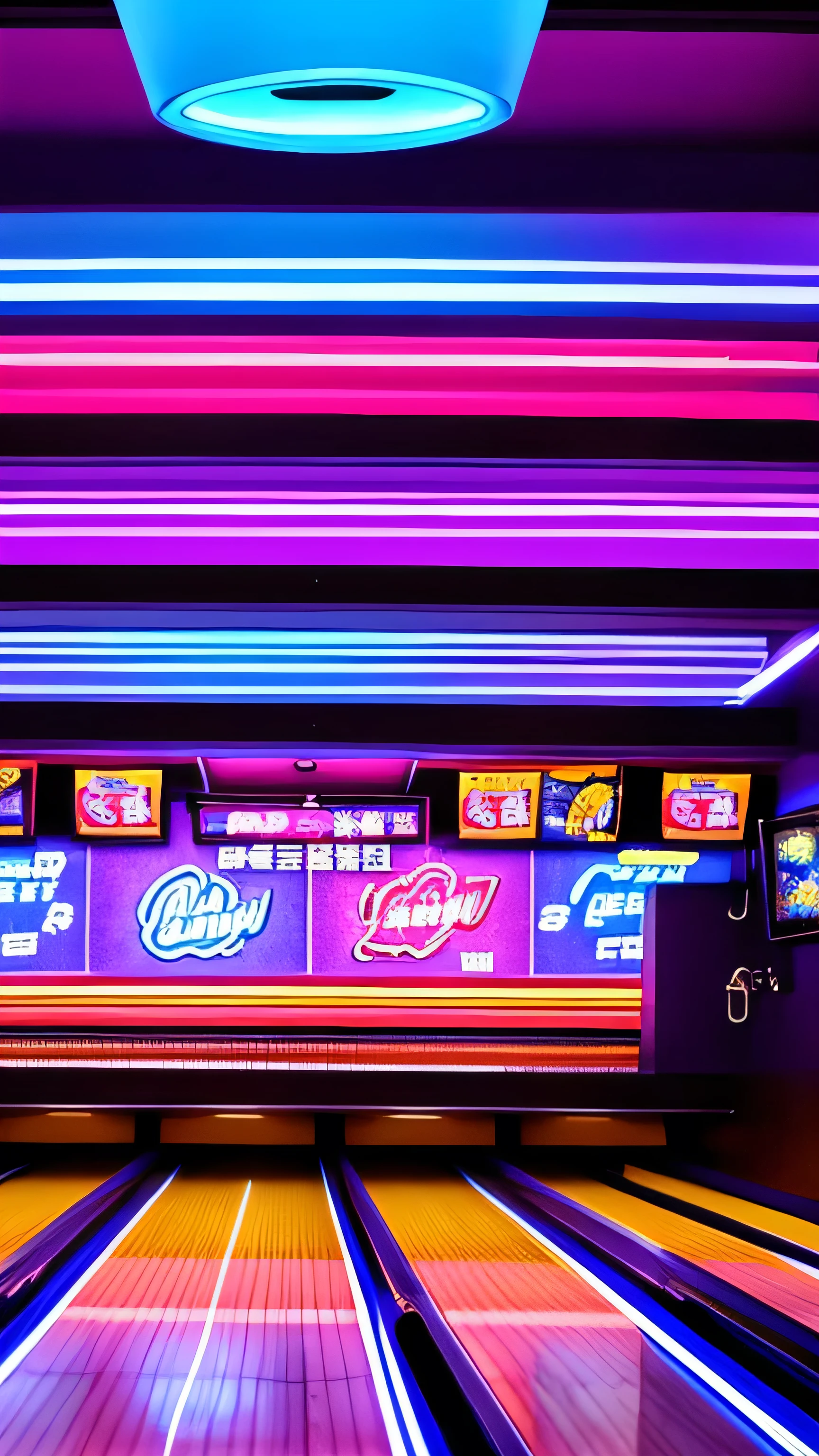 Bowling、Bowling court、Bowling pin close-up、Detailed Bowling Pins、cyberpunk style、Neon Light