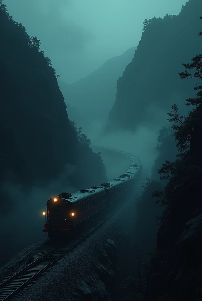 **Prompt for AI Image Generation:**

"Create a dark, eerie scene depicting a haunted train journey through dense, shadowy mountains. The focus is on the 'Kali Ratri Express,' a vintage train with an ominous aura, surrounded by fog and ghostly apparitions. Show the train on a narrow track winding through the mountains at night, with a feeling of suspense and supernatural presence. Highlight the contrast between the dimly lit interior of the train and the pitch-black, mysterious outside environment. Capture the unsettling atmosphere with shadows, eerie lights, and ghostly figures subtly emerging from the darkness, evoking a sense of dread and mystery."