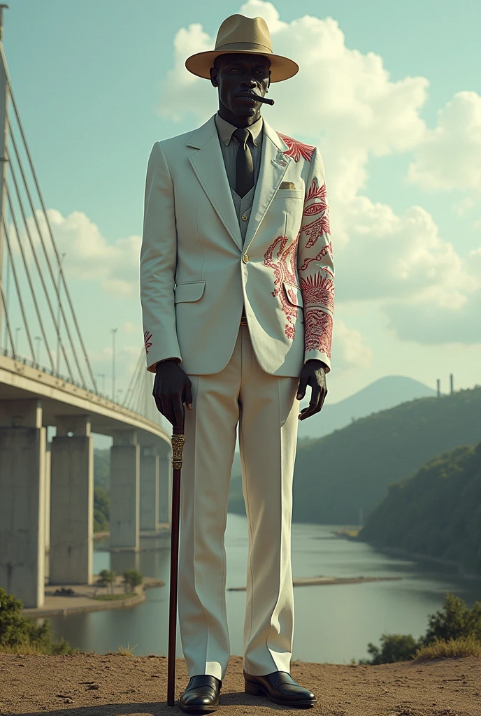 President Dutra Bridge Juazeiro Bahia Petrolina Pernambuco Zé Pilintra tall black man in the background rogue Bohemio hat smoking cigar head down white suit red engraving and holding a cane umbanda candomblé