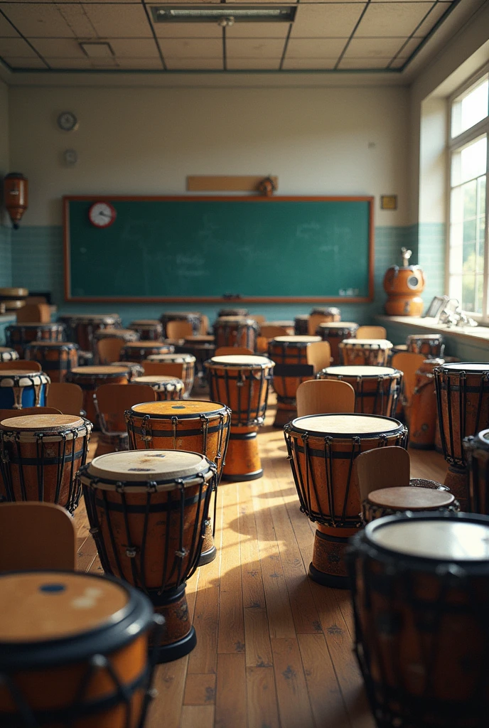 Many drums in a school without students or people