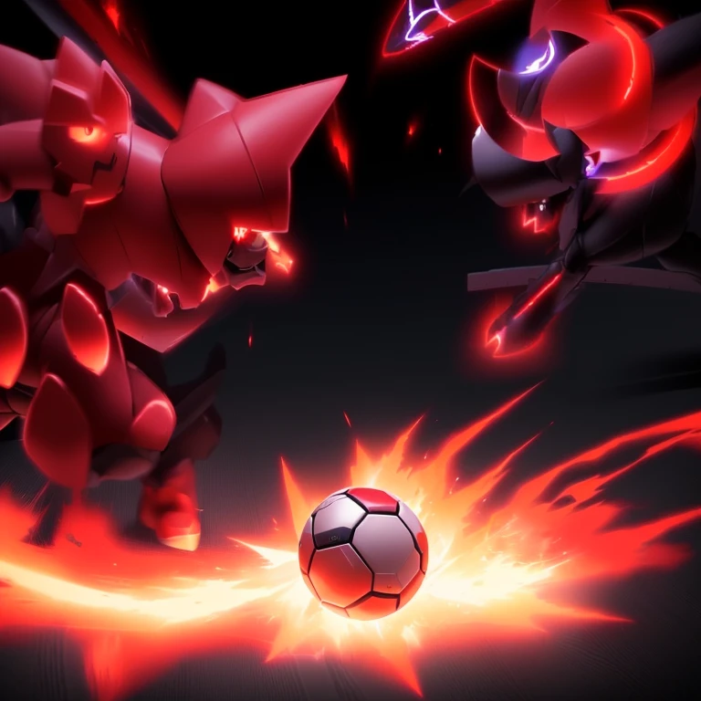 pokemon is playing with a ball and a fire in a game, intense battle, intense fighting, they are fighting very angry, menacing!, red spike aura in motion, intense combat, menacing!!!, dynamic!!, intense moment, facing off in a duel, leading a battle, scene!!, in battle, sharp!, screenshot from a 2012s anime