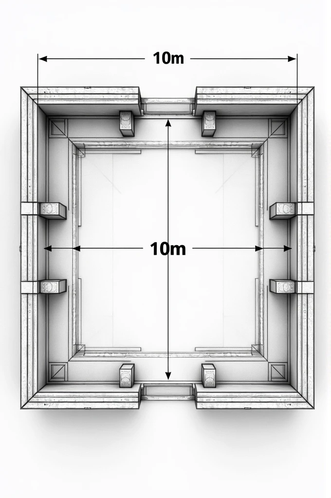 Foundation plans for a house 10 meters long by 10 meters wide seen from above to begin construction