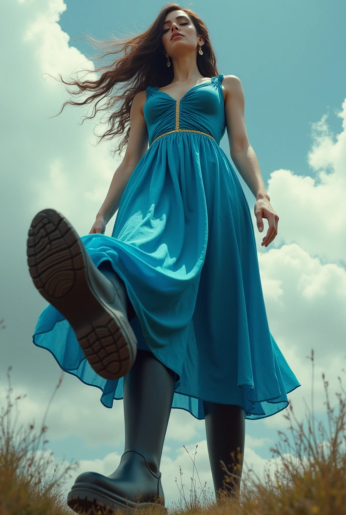 a pretty woman, 42 years old, Brown hair, pretty face, blue dress, black rubber boots, giantess, POV shot, lifts her right foot, Boot sole, FULL BODY shot