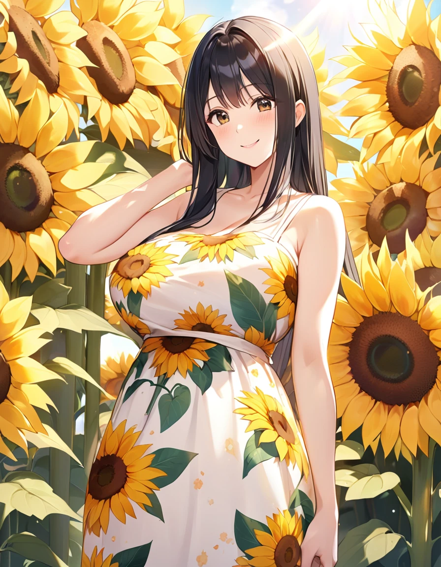 ,cute,cute,Chest to head,Straight hair,Long Hair,Black Hair,sunny,big breast photos,Light shines in,Floral Print Dress,Are standing,noon,Sunflower background,Smiling gently and calmly