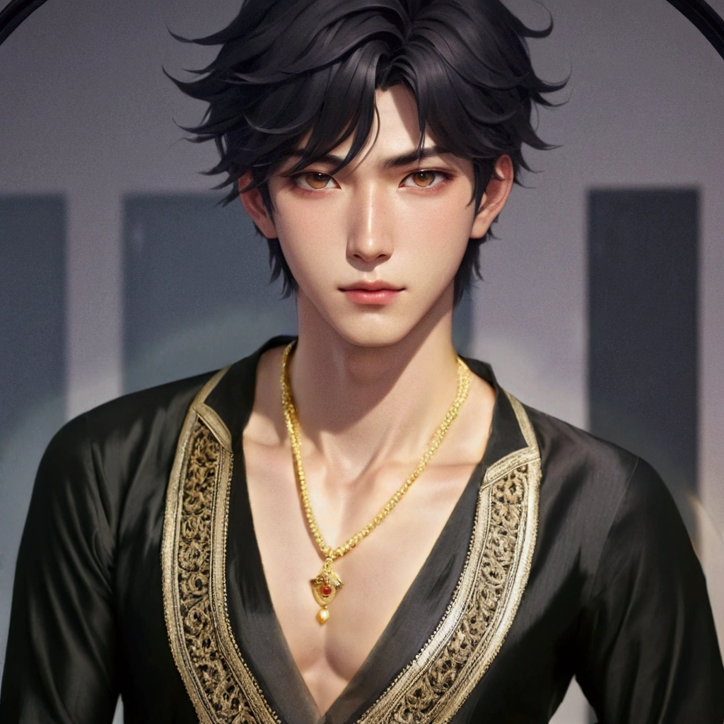 Shiny Black kurta, bare chest