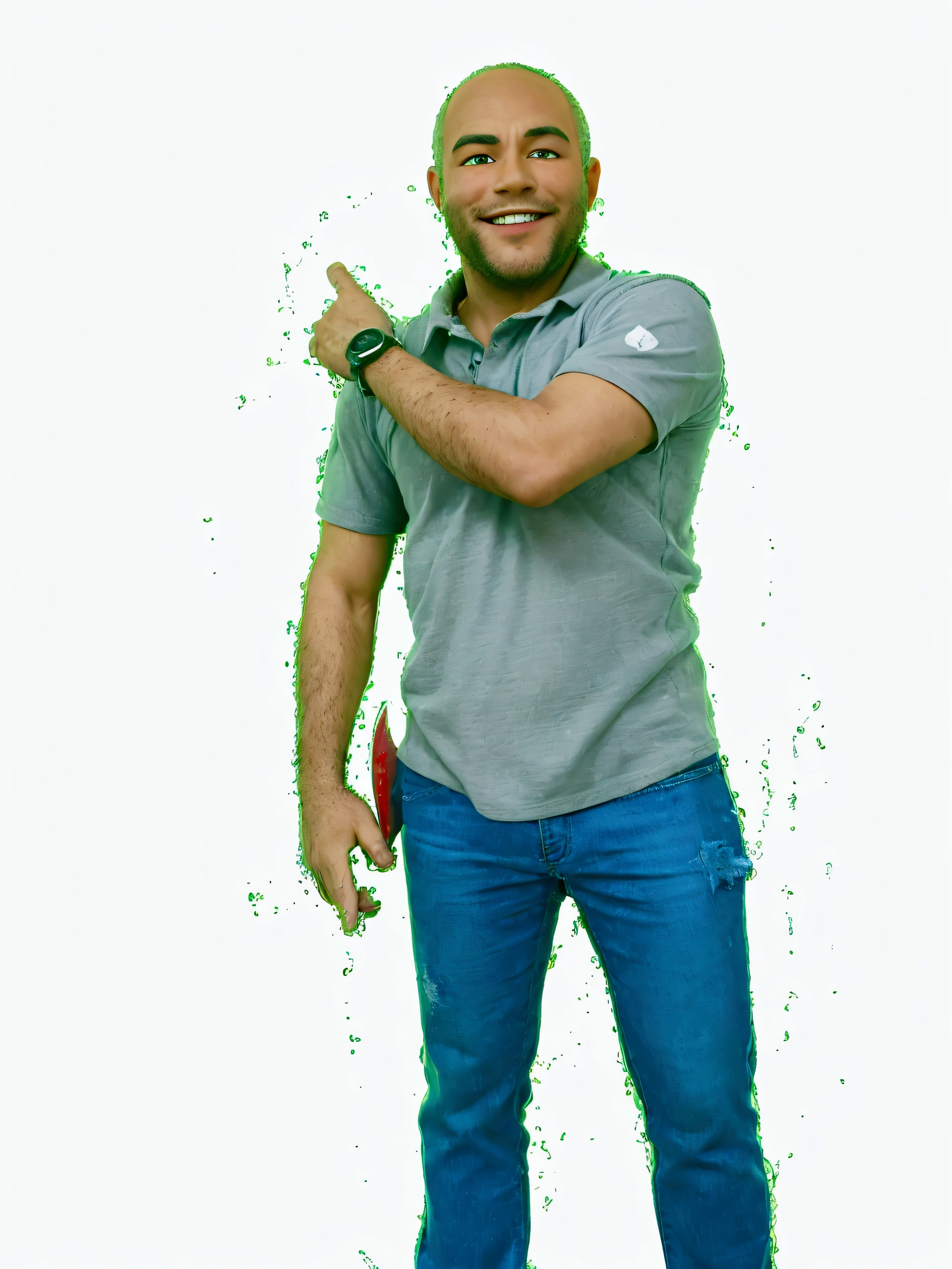 smiling man in gray shirt and blue jeans holding red object, in an action pose, photo by full body of steve, commercial shot, don&#39;t pose, confident action pose, fun pose, David Uzochukwu, uploaded, photo by full body, photo by full bodygraph, very low quality image, with a cool pose, publicity photo, an artistic pose, with axe