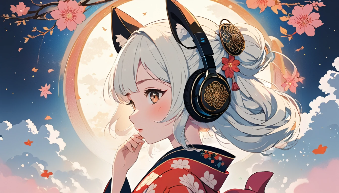 Japanese style headphones、Oiran、fan、Wide-angle lens, Lofi Anime, Lofi illustration, Aesthetic atmosphere, Lo-Fi Style, Vector art, Flat Design, Simple shape, Warm tones, Pleasant atmosphere, Chill, In anime style, Digital drawing, Vector art, Vector logo for t-shirt printing, (Adorable:1.5), (small:1.4), (Playful:1.2), (soft:1.3), (Whimsical:1.1), masterpiece, Highest quality, 8k, Intricate details, grow, Celestial, Mysterious, Picturesque, amazing, Majestic, Magic, Fantasy art, Cover art, dream-like