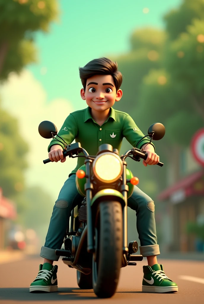 35mm film photography, Create a 3D illustration of an animated male character sitting on a motorcycle matching the color and design of Pakistan Independence Day and wearing a green shirt with name (SAMEER) The character must wear casual modern clothing such as jeans and sneakers shoes. The background of the image is a independence day of Pakistan, high detail, gold glow bright green color palette, light green hour glow