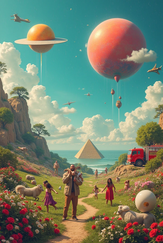A big landscape with 2 planets red and orange in the background. The sky is cian blue. You see people j7mping and getting off the ground amongst flowers in the dirt, including kids with red roses in their mouths. Also you see wild life around with a man holding ram's horns and white fleece. You see an Egypt pyramid and big fried eggs and firemen in a red truck plus a man with a baby inside his fur coat. He is folled by a group of fugittive people in a spotlight. Above jets at the speed of sound with driving rain, a flaming pie above the backyard pmaying pipes and a tug of war.